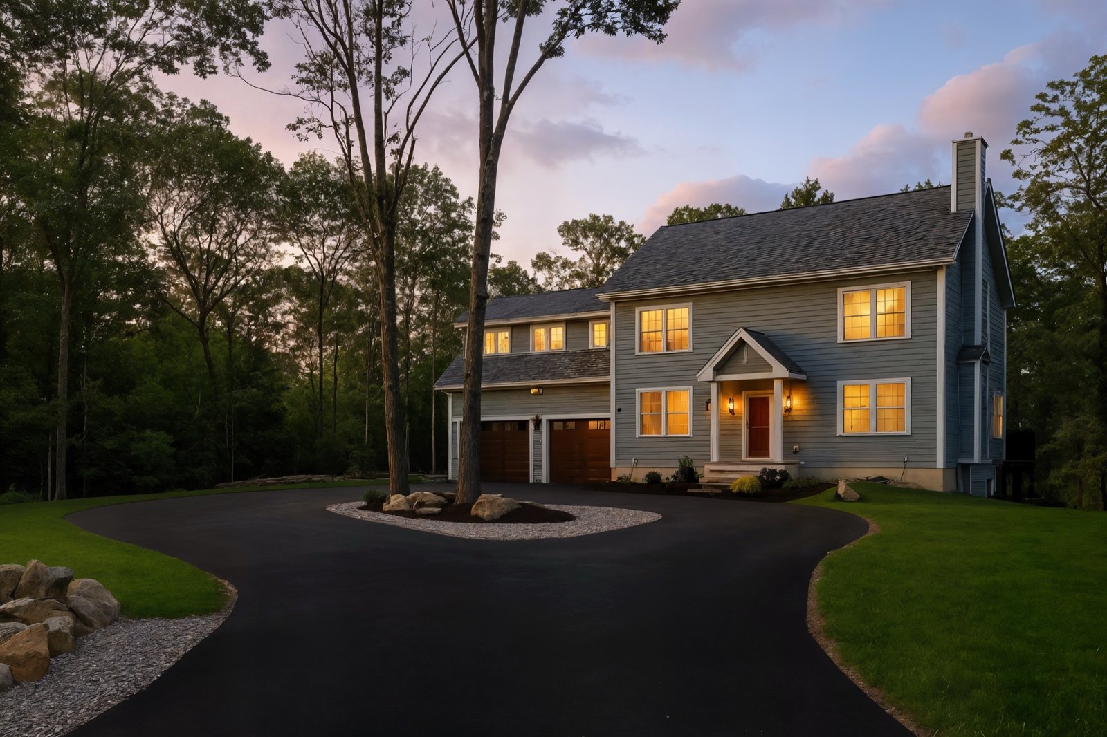 Twilight exterior of a colonial home with warm window light and curved driveway